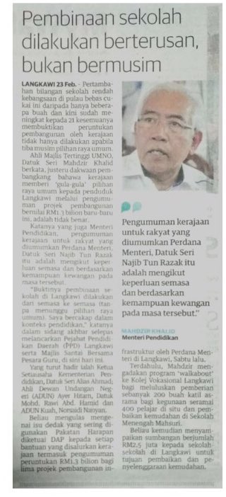 Pembinaan sekolah dilakukan berterusan bukan bermusim   Utusan Malaysia 24 Feb 2018