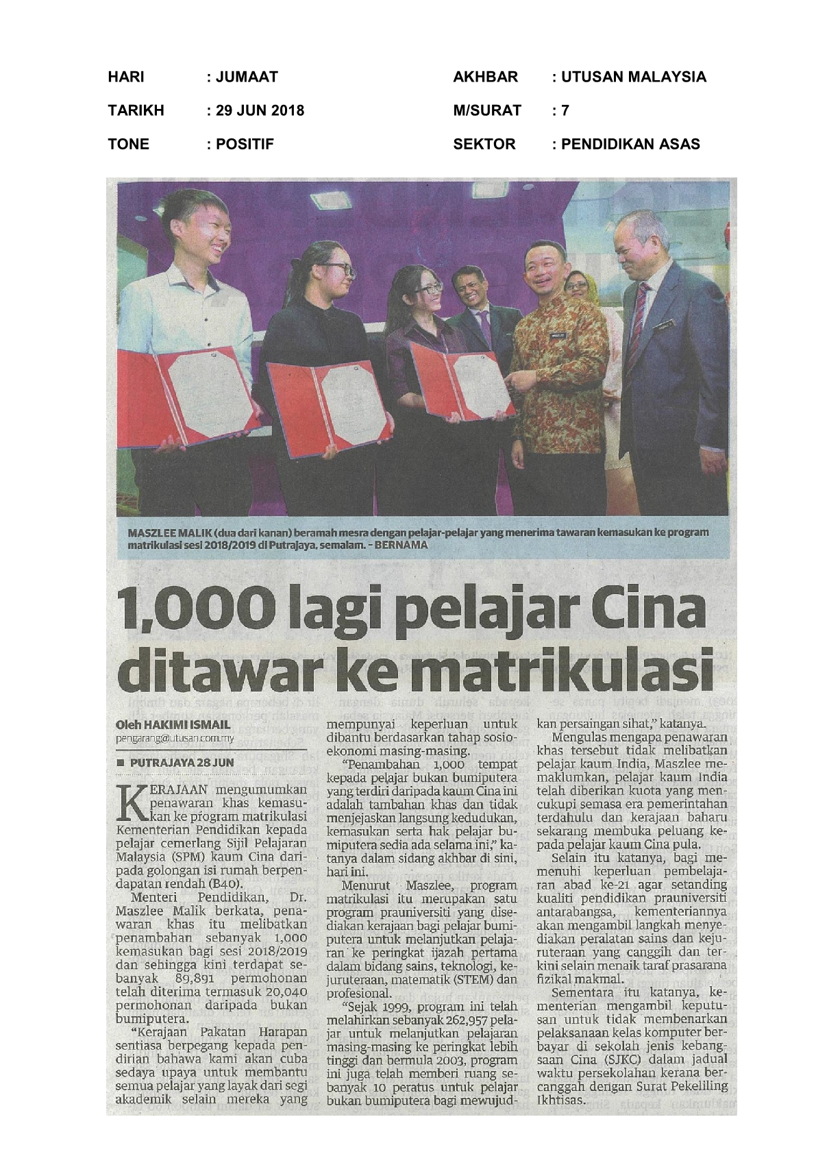 1000 Lagi Pelajar Cina Ditawar Ke Matrikulasi   Utusan Malaysia 29 Jun 20181