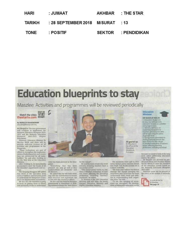 Education Blueprints To Stay   The Star 28 September 2018